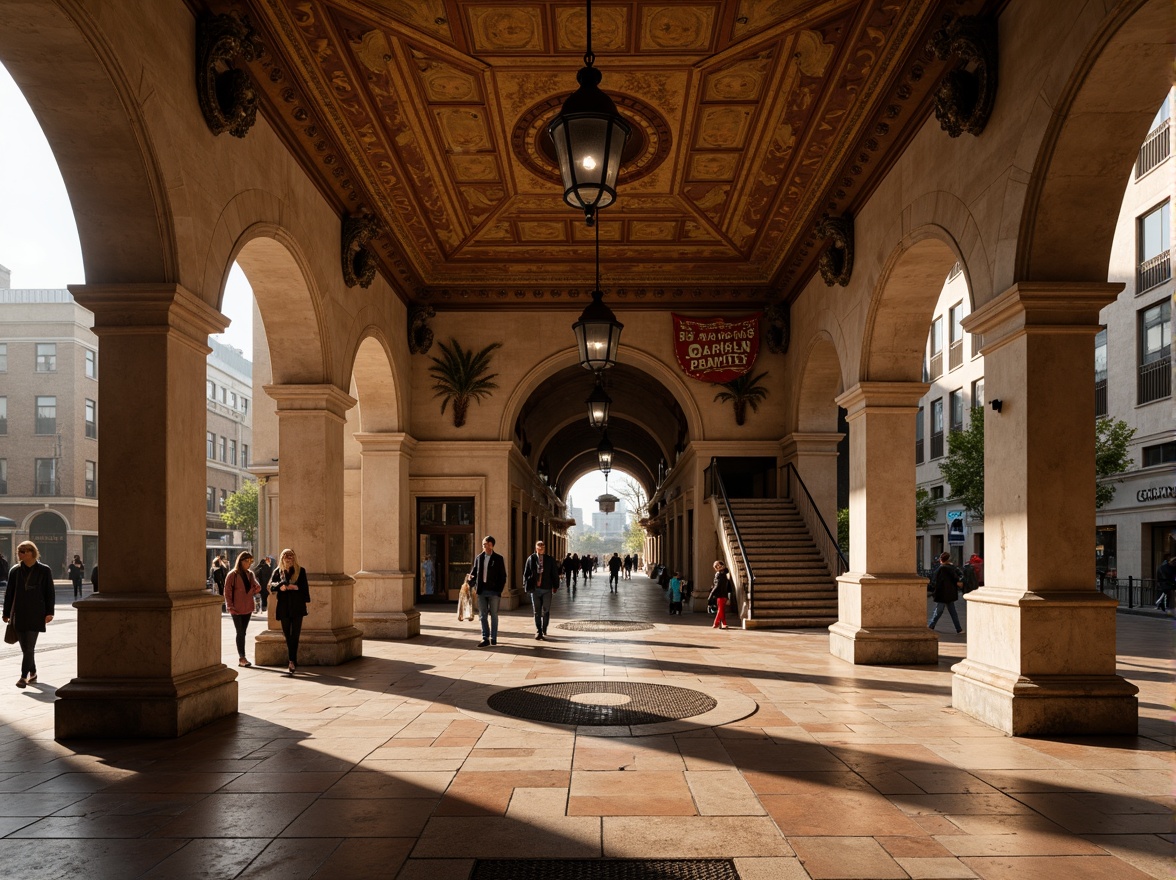 Prompt: Earth-toned metro station, Romanesque arches, ornate columns, warm beige walls, terracotta flooring, rustic stone textures, vintage metal lanterns, intricate mosaics, grand staircases, high ceilings, dramatic lighting, atmospheric shadows, rich wood accents, elegant typography, classic signage, urban cityscape, morning rush hour, soft natural light, shallow depth of field, 1/2 composition, realistic reflections.