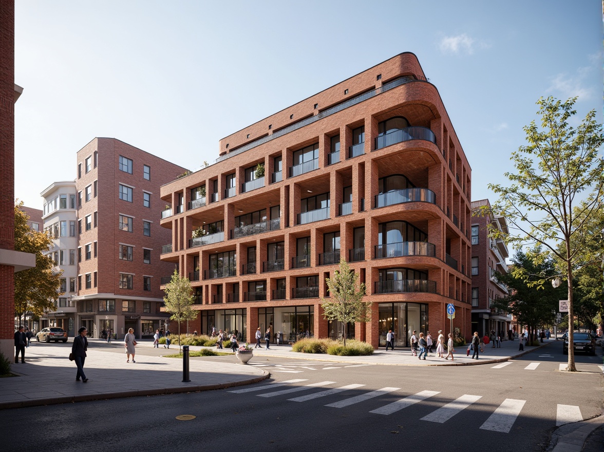 Prompt: Brick community center, structuralist facade, bold geometric patterns, angular lines, minimalist design, large windows, metal frames, cantilevered roofs, open-air courtyard, vibrant public art installations, urban landscape, bustling streets, morning sunlight, soft warm lighting, shallow depth of field, 3/4 composition, realistic textures, ambient occlusion.