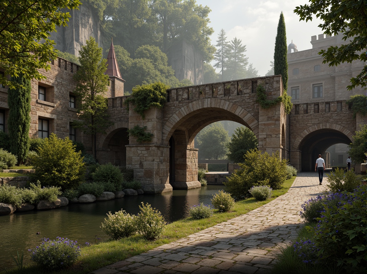 Prompt: Rustic stone bridges, ornate archways, intricately carved stonework, medieval-inspired architecture, grandiose scale, weathered stone textures, moss-covered surfaces, serene river views, lush greenery, vibrant flowers, misty morning atmosphere, soft warm lighting, shallow depth of field, 3/4 composition, panoramic view, realistic textures, ambient occlusion.