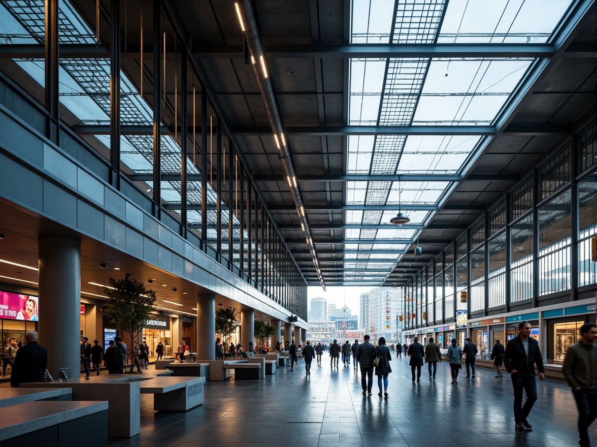 Prompt: Modern train station, steel framework, industrial aesthetic, exposed ductwork, metallic beams, sleek columns, high ceilings, grand entrance, bustling atmosphere, natural light pouring in, urban landscape, city skyline, busy streets, pedestrian traffic, vibrant advertisements, LED displays, futuristic ambiance, dynamic lighting, shallow depth of field, 1/2 composition, wide-angle lens, realistic reflections, ambient occlusion.