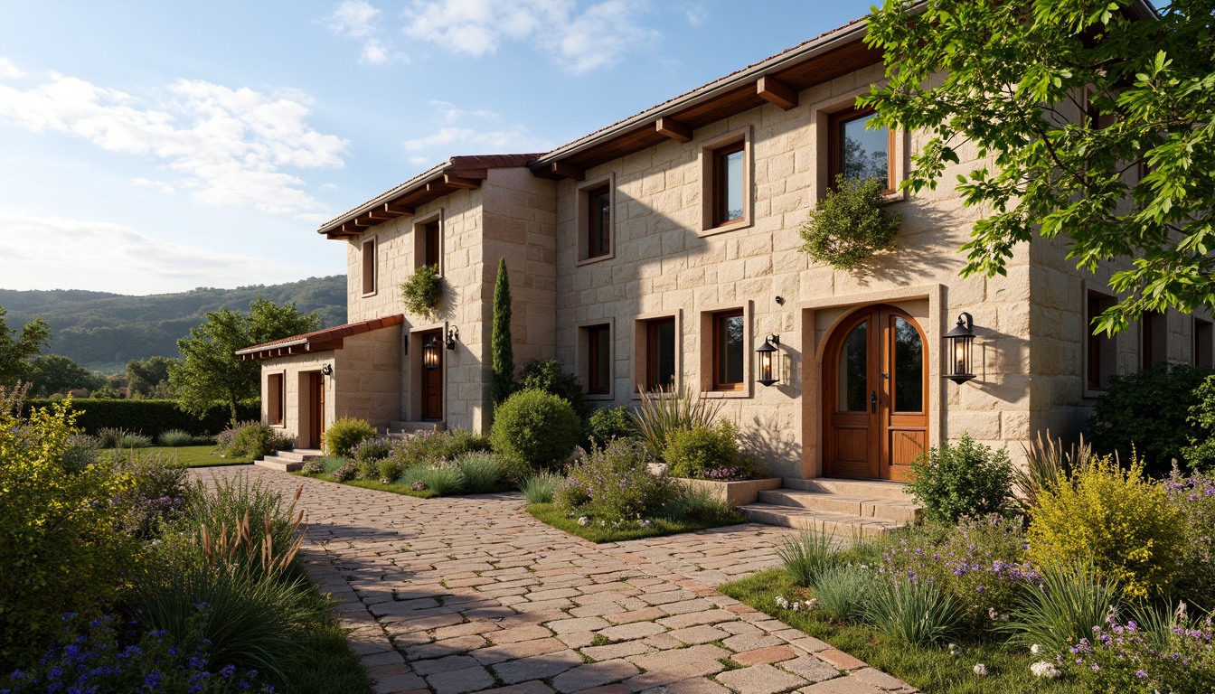 Prompt: Rustic rural farmhouse, classicism style, symmetrical facade, ornate wooden doors, arched windows, stone walls, pitched roof, clay tiles, vintage lanterns, lush greenery, blooming flowers, rolling hills, serene countryside, warm sunny day, soft natural lighting, shallow depth of field, 1/1 composition, realistic textures, ambient occlusion.