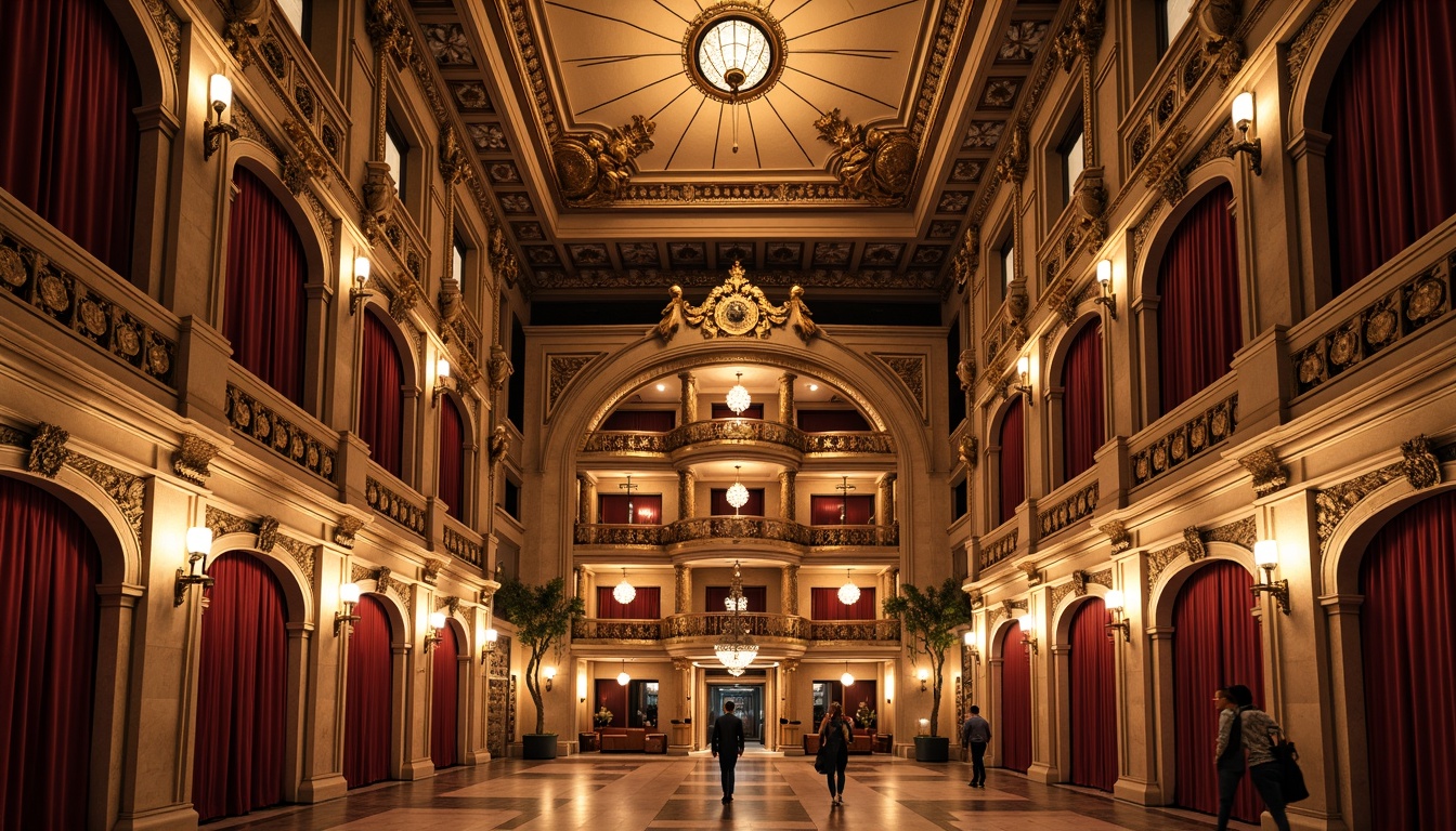 Prompt: Ornate opera house facade, grandiose Baroque architecture, intricately carved stone details, gilded ornaments, sweeping arches, ornamental balconies, red velvet curtains, crystal chandeliers, majestic entrance halls, marble floors, frescoed ceilings, dramatic spotlights, warm golden lighting, shallow depth of field, 1/2 composition, symmetrical framing, highly detailed textures, ambient occlusion.