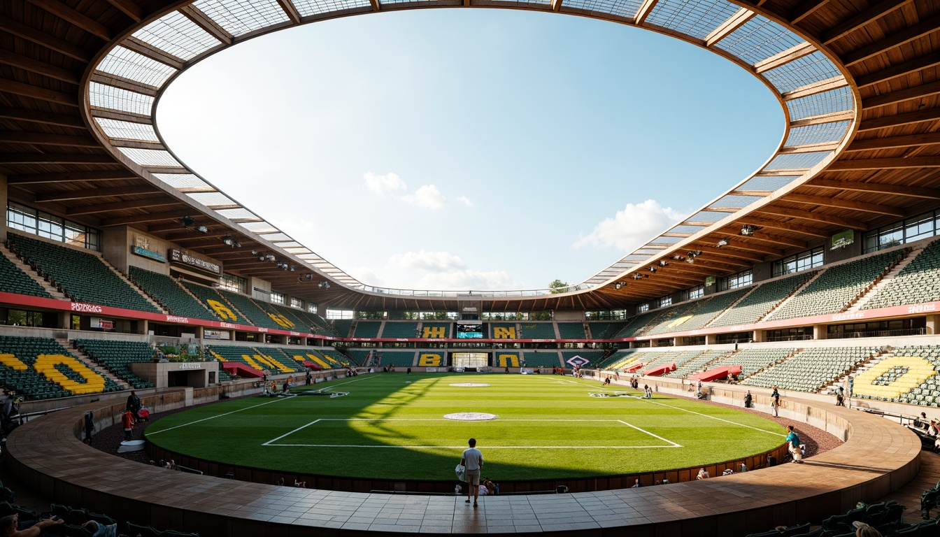 Prompt: Curved organic stadium design, lush green grass, natural stone seating areas, wooden benches, vibrant team colors, dynamic crowd atmosphere, sunny day, soft warm lighting, shallow depth of field, 3/4 composition, panoramic view, realistic textures, ambient occlusion, tiered seating arrangement, comfortable spectator experience, accessible concession stands, modern amenities, eco-friendly materials, innovative ventilation systems, shaded outdoor spaces.