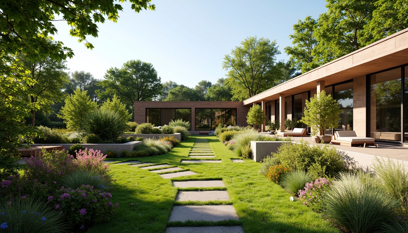 Prompt: Vibrant garden, lush greenery, blooming flowers, meandering pathways, wooden benches, natural stone walls, modern outdoor furniture, cantilevered roofs, floor-to-ceiling windows, sliding glass doors, warm sunny day, soft diffused lighting, shallow depth of field, 3/4 composition, panoramic view, realistic textures, ambient occlusion.