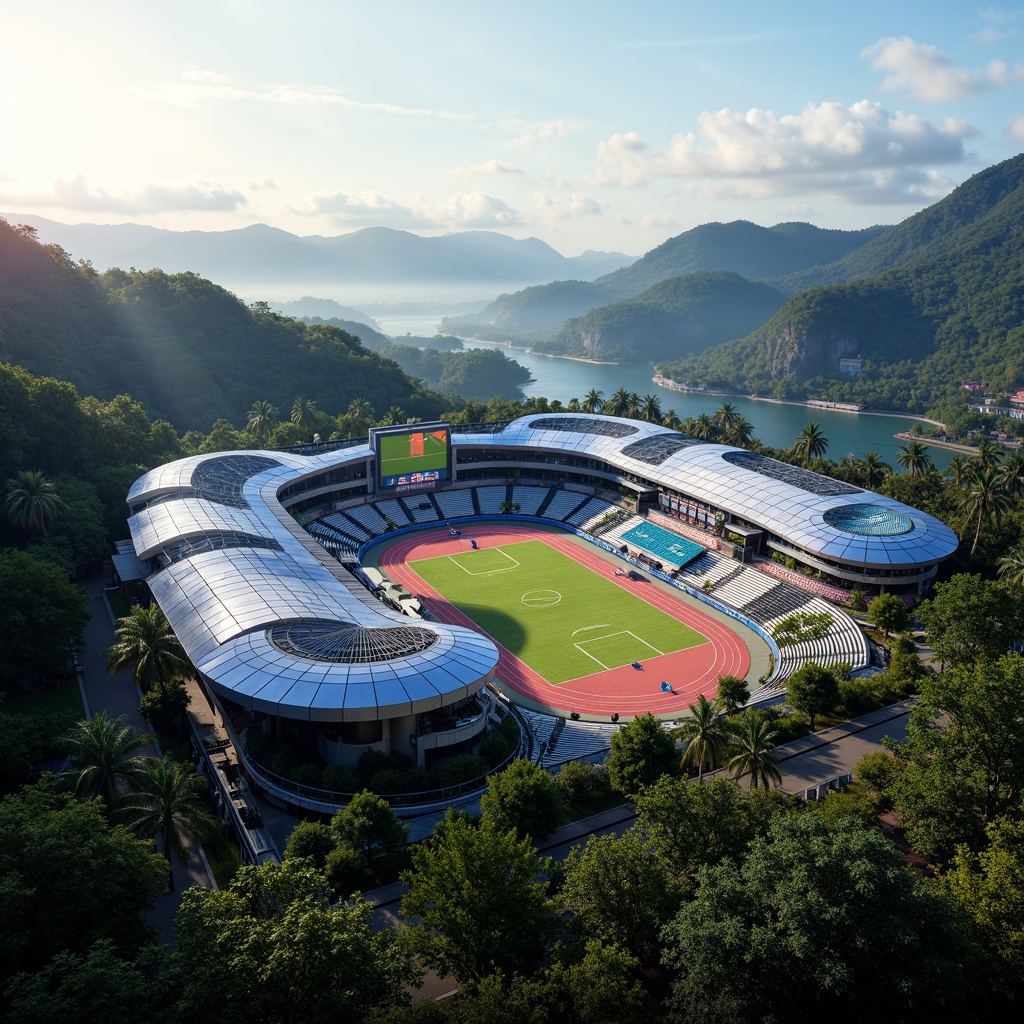 Prompt: Futuristic sports complex, undulating terrain, neon-lit athletic tracks, sleek metallic bleachers, holographic scoreboards, iridescent stadium roofs, glowing accents, vibrant LED lighting, misty atmospheric effects, shallow depth of field, 3/4 composition, panoramic view, realistic textures, ambient occlusion, lush greenery, tropical plants, palm trees, sunny day, warm soft focus, dynamic camera movements.