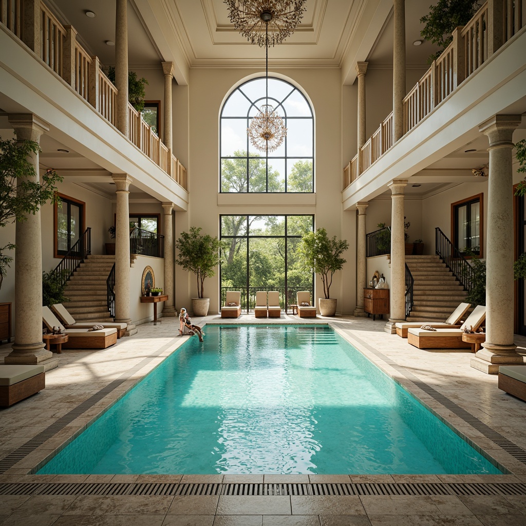 Prompt: Elegant swimming pool, symmetrical composition, neoclassical architecture, ornate fountains, grand staircases, marble flooring, classical columns, arches, domed ceilings, crystal chandeliers, luxurious lounge chairs, vibrant turquoise water, sunny day, soft warm lighting, shallow depth of field, 3/4 composition, panoramic view, realistic textures, ambient occlusion.