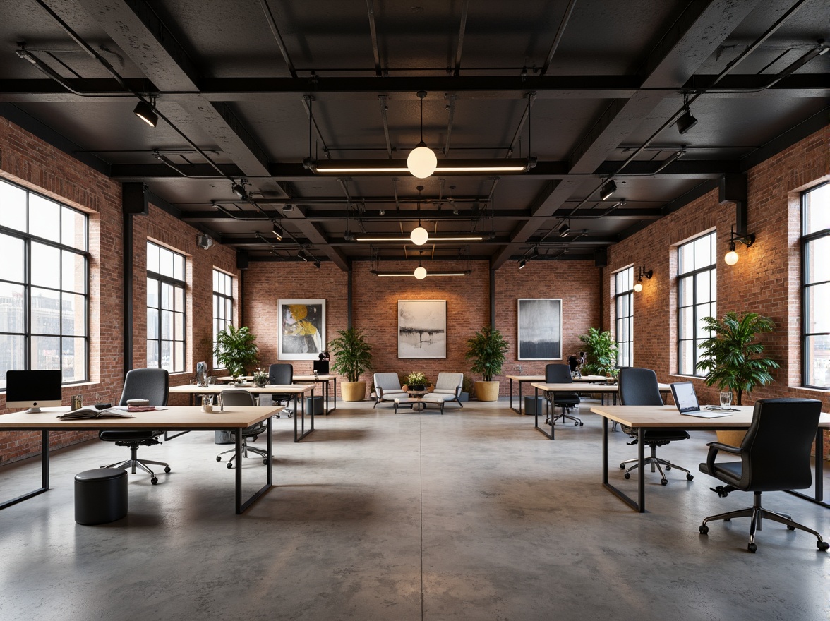 Prompt: Exposed brick walls, polished concrete floors, industrial metal beams, minimalist decor, modern sleek lines, open-plan layout, functional workstations, ergonomic chairs, reclaimed wood accents, Edison bulb lighting, urban loft atmosphere, natural textiles, monochromatic color scheme, abstract artwork, geometric patterns, metallic finishes, airy high ceilings, abundant natural light, 1/1 composition, softbox lighting, realistic reflections.