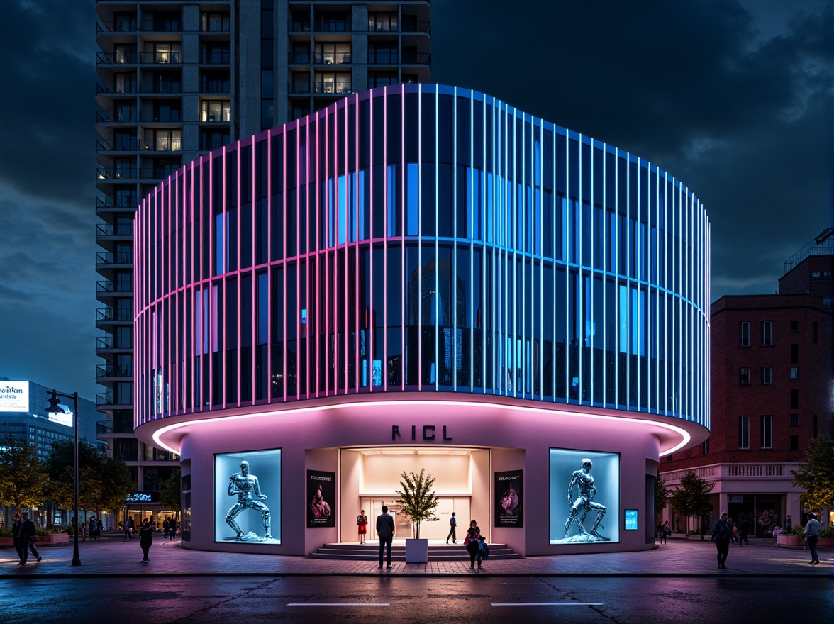 Prompt: Futuristic cinema facade, neon lights, metallic surfaces, holographic displays, LED screens, sleek lines, minimalist design, high-tech gadgets, robotic sculptures, sci-fi inspired architecture, urban cityscape, nighttime atmosphere, misty fog effect, shallow depth of field, 1/1 composition, cinematic lighting, vibrant color grading, realistic reflections, ambient occlusion.