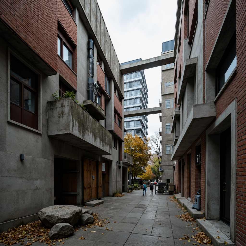 Prompt: Rough concrete walls, exposed ductwork, industrial metal beams, raw brick facades, distressed wood accents, brutalist fortress-like structures, rugged stone foundations, weathered steel surfaces, oxidized copper details, urban cityscape backdrop, overcast skies, dramatic shadows, high-contrast lighting, cinematic composition, gritty realistic textures, ambient occlusion.