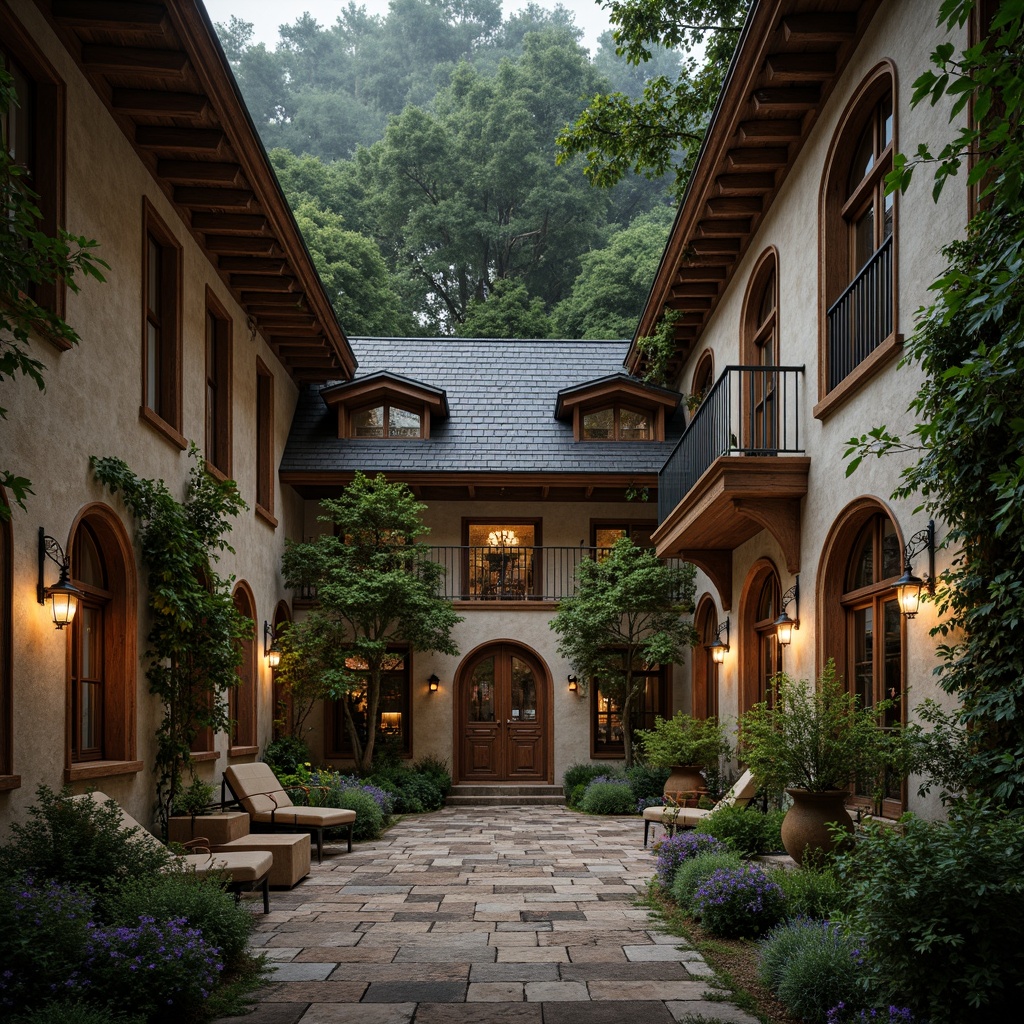 Prompt: Rustic villa, Gothic arches, stone walls, wooden beams, natural slate roofs, earthy tones, moss-covered facades, overgrown vegetation, winding vines, ornate carvings, grand entrance halls, high ceilings, stained glass windows, intricate mosaics, warm candlelight, soft shadows, mysterious ambiance, foggy mornings, misty forests, serene landscapes, 1/1 composition, symmetrical framing, warm color palette, realistic textures, ambient occlusion.