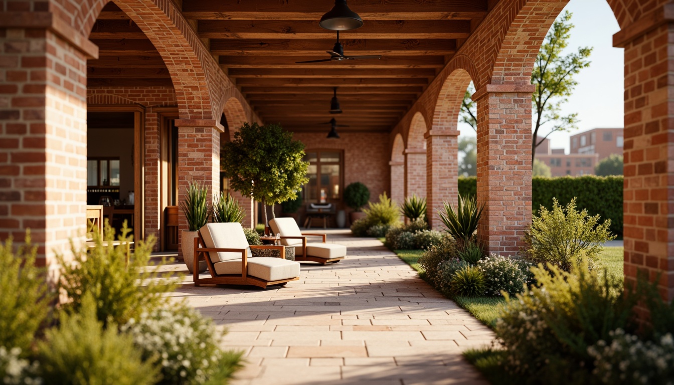 Prompt: Warm fire brick walls, earthy terracotta tones, rich sienna reds, deep burnt oranges, soft golden yellows, creamy whites, natural stone textures, rustic wooden accents, lush greenery, vibrant flowers, sunny day, soft warm lighting, shallow depth of field, 3/4 composition, panoramic view, realistic textures, ambient occlusion.