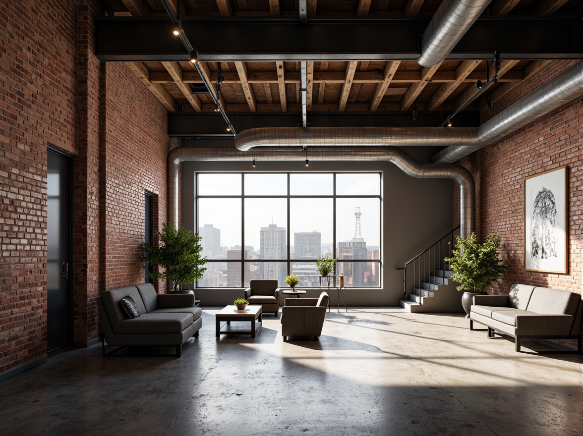 Prompt: Exposed brick walls, metal beams, reclaimed wood accents, industrial-style lighting fixtures, concrete floors, urban loft atmosphere, modern minimalist decor, sleek metal furniture, functional pipes, distressed finishes, edgy architectural details, cityscape views, gritty textures, high ceilings, open floor plans, natural light pouring in, dramatic shadows, 3/4 composition, low-key color palette, realistic renderings.