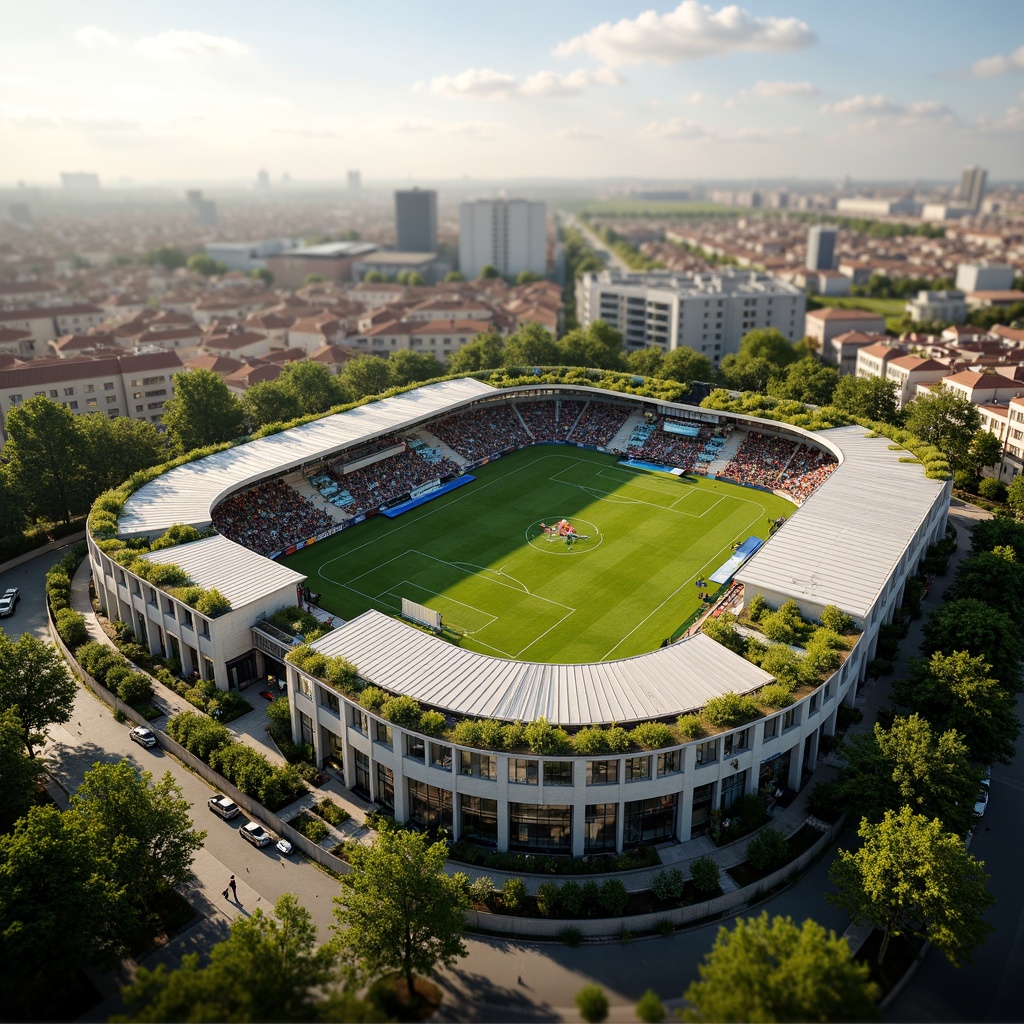 Prompt: Eco-friendly football stadium, social housing complex, green roofs, solar panels, wind turbines, rainwater harvesting systems, recycled materials, natural ventilation, large windows, minimal carbon footprint, community gardens, public art installations, vibrant street art, urban landscape, bustling city life, warm sunny day, soft natural lighting, shallow depth of field, 3/4 composition, panoramic view, realistic textures, ambient occlusion.