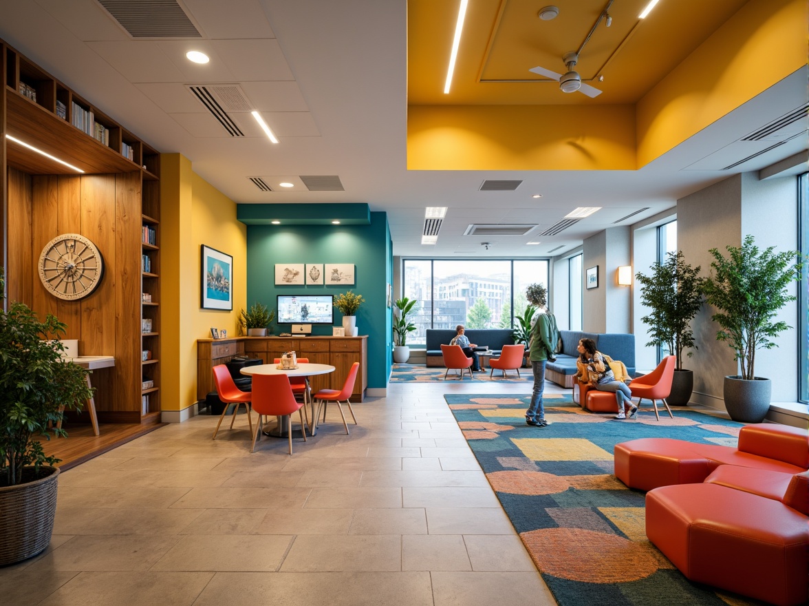 Prompt: Vibrant student halls, bold color schemes, energetic atmosphere, youthful furniture, modern amenities, communal spaces, collaborative learning areas, cozy private rooms, calming pastel shades, stimulating bright accents, natural wood tones, industrial chic decor, eclectic art pieces, lively patterned rugs, warm task lighting, soft ambient glow, 3/4 composition, shallow depth of field, realistic textures.