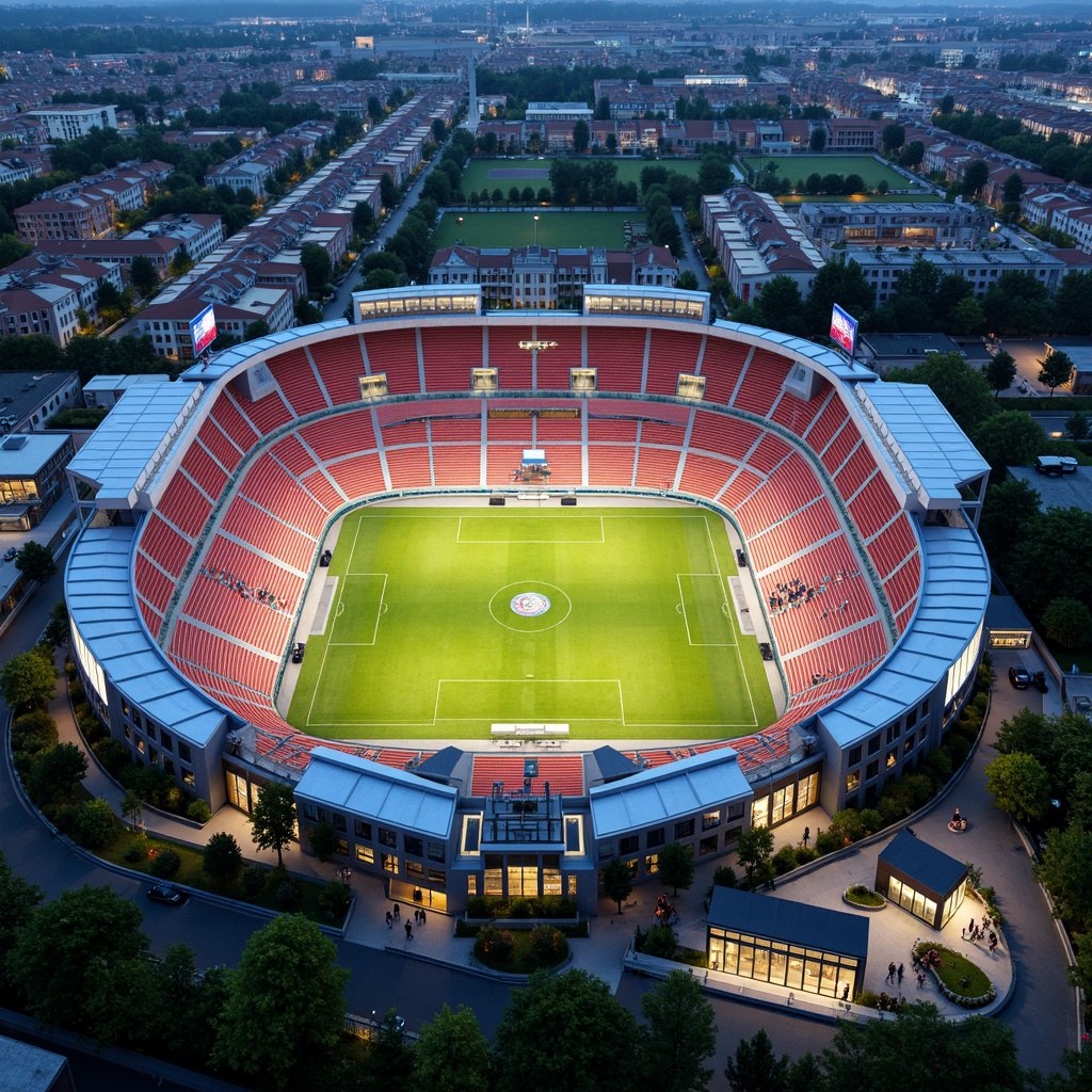 Prompt: Vibrant football stadium, social housing complex, curved lines, dynamic shapes, bold color schemes, metallic materials, LED lighting systems, cantilevered roofs, open-air balconies, communal green spaces, recreational facilities, community centers, public art installations, urban landscape integration, modern architecture, angular fa\u00e7ades, transparent glass walls, sleek steel beams, atmospheric evening lighting, shallow depth of field, 1/2 composition, realistic textures, ambient occlusion.