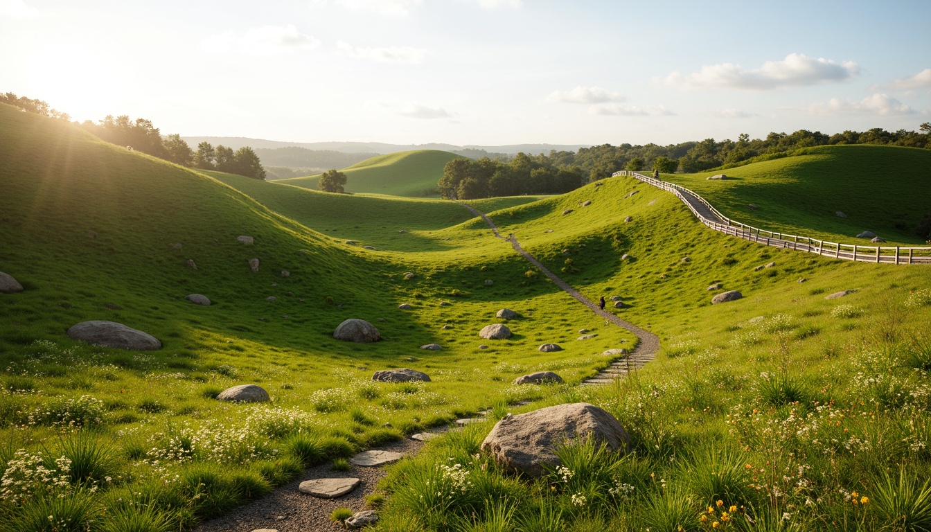 Prompt: Rolling hills, lush green grass, wildflowers, meandering pathways, rustic wooden fences, natural stone benches, serene atmosphere, warm sunlight, soft breeze, shallow depth of field, 3/4 composition, panoramic view, realistic textures, ambient occlusion, gentle slopes, scattered trees, native plant species, eco-friendly maintenance, sustainable irrigation systems, minimalist design, organic shapes, earthy color palette.