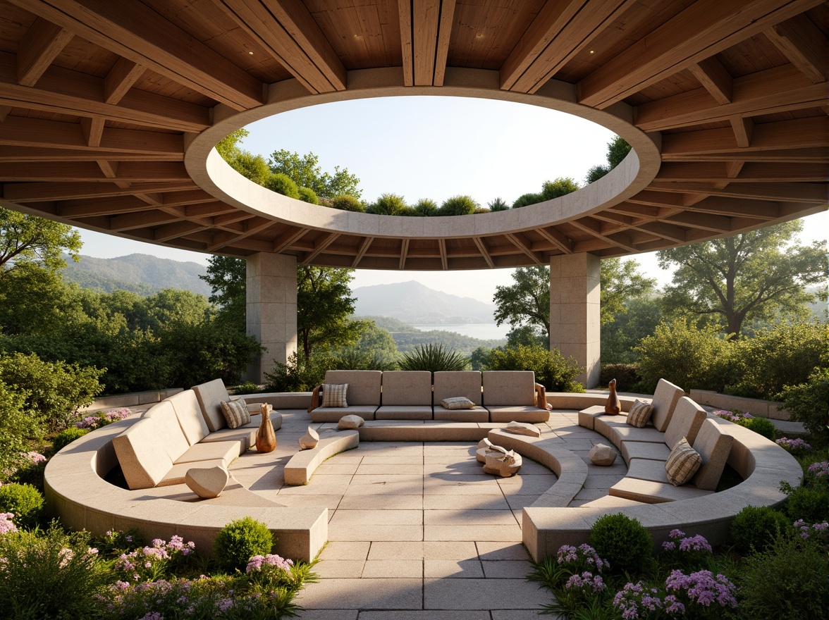 Prompt: Organic amphitheater, natural stone seating, lush greenery, curved wooden beams, earthy tones, warm sunny day, soft diffused lighting, high ceilings, open-air design, panoramic views, rustic textures, ambient occlusion, 3/4 composition, shallow depth of field, realistic renderings, vibrant flowers, gentle breeze, serene atmosphere.