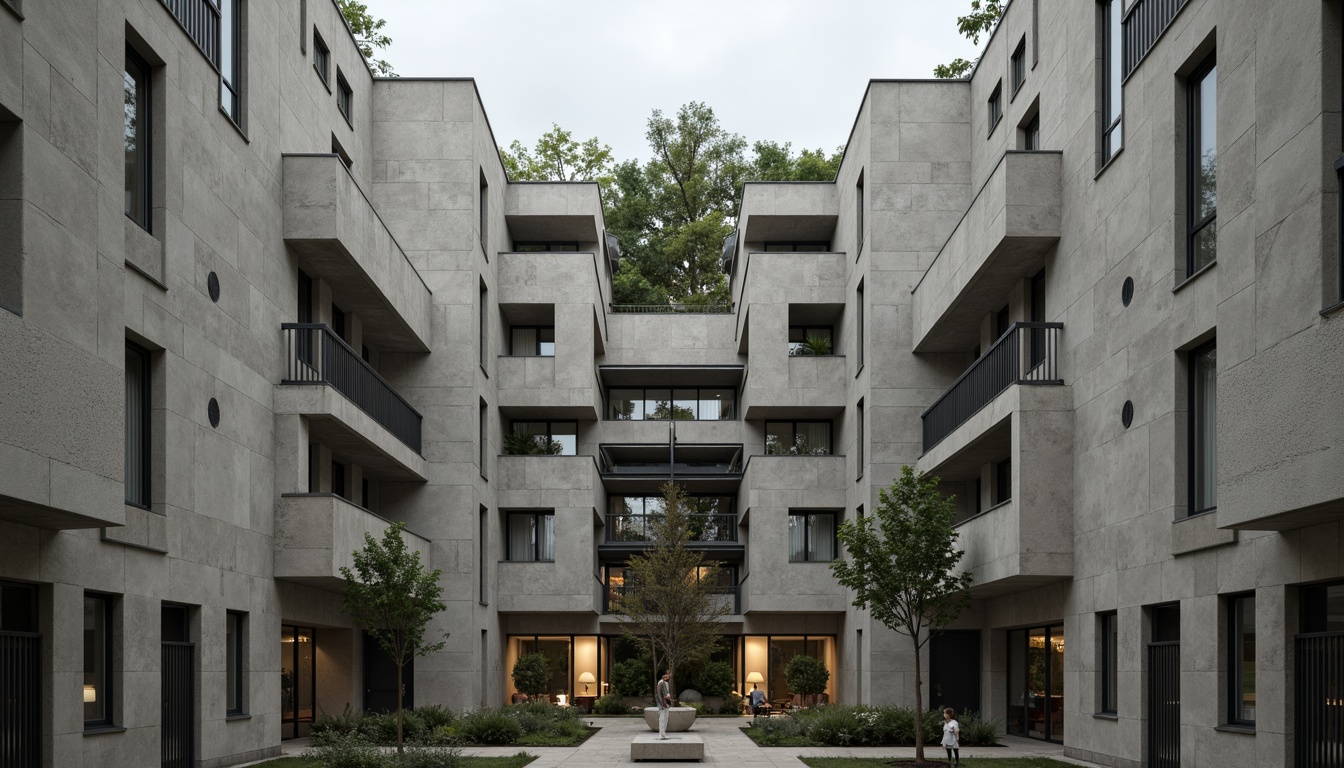 Prompt: Raw concrete walls, rugged textures, fortress-like architecture, brutalist design, student residence halls, communal living spaces, functional simplicity, industrial materials, exposed ductwork, minimalist decor, urban surroundings, cityscape views, overcast skies, dramatic shadows, high-contrast lighting, 1/1 composition, symmetrical framing, realistic renderings, ambient occlusion.