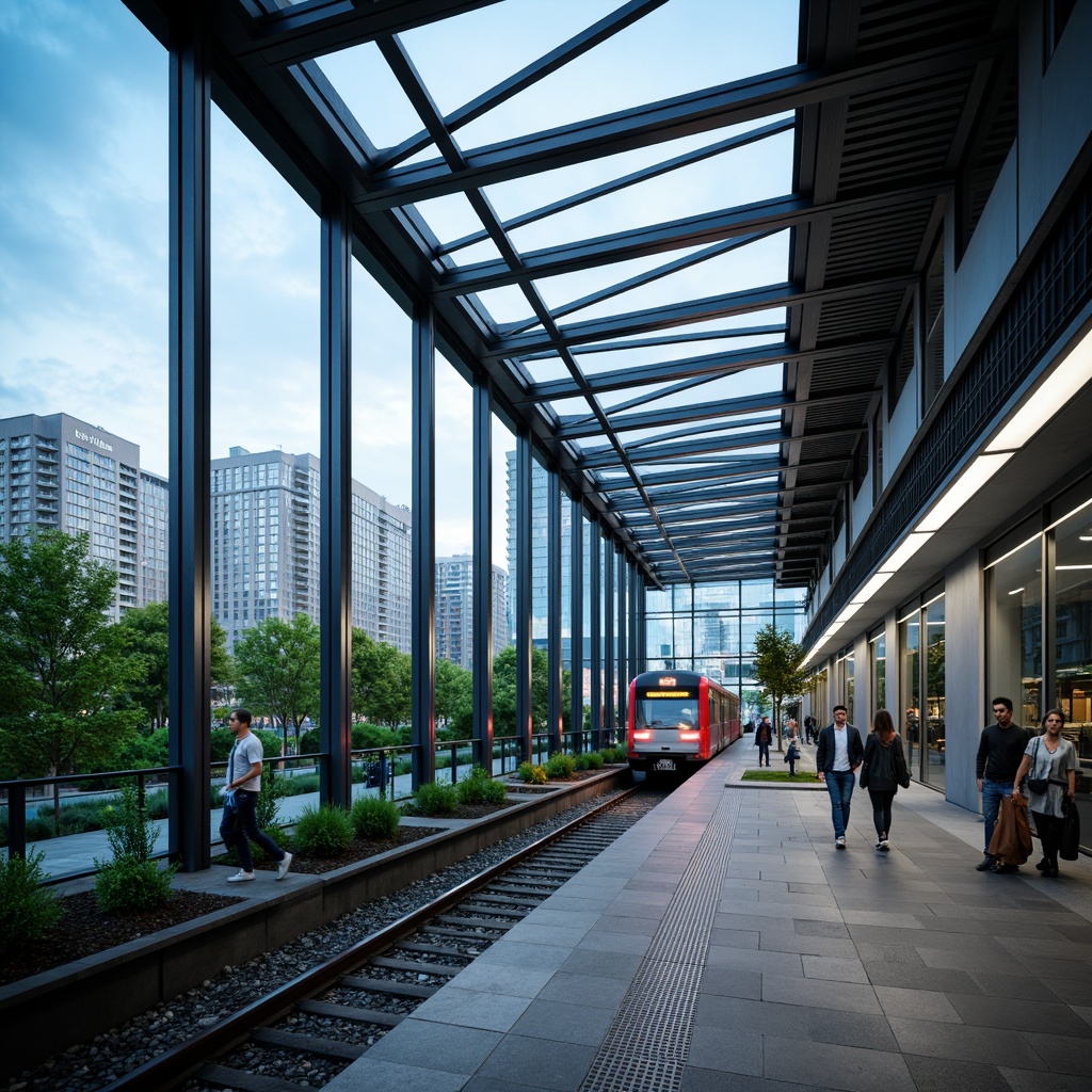 Prompt: Futuristic metro station, dynamic LED lighting, sleek glass fa\u00e7ade, angular metal frames, vibrant cityscape, bustling urban atmosphere, modern transportation hub, efficient passenger flow, spacious interior, natural stone flooring, stainless steel accents, geometric patterned ceilings, advanced ventilation systems, energy-efficient solutions, green roofs, panoramic views, shallow depth of field, 3/4 composition, realistic textures, ambient occlusion.