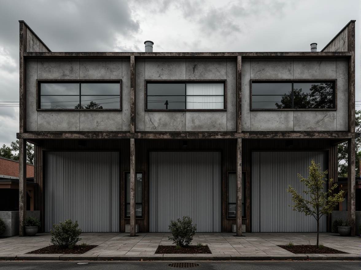 Prompt: Rugged industrial facade, exposed steel beams, raw concrete walls, corrugated metal cladding, functional pipes, minimalist windows, brutalist architecture, urban landscape, overcast sky, dramatic shadows, high-contrast lighting, 1/2 composition, symmetrical framing, gritty textures, ambient occlusion.