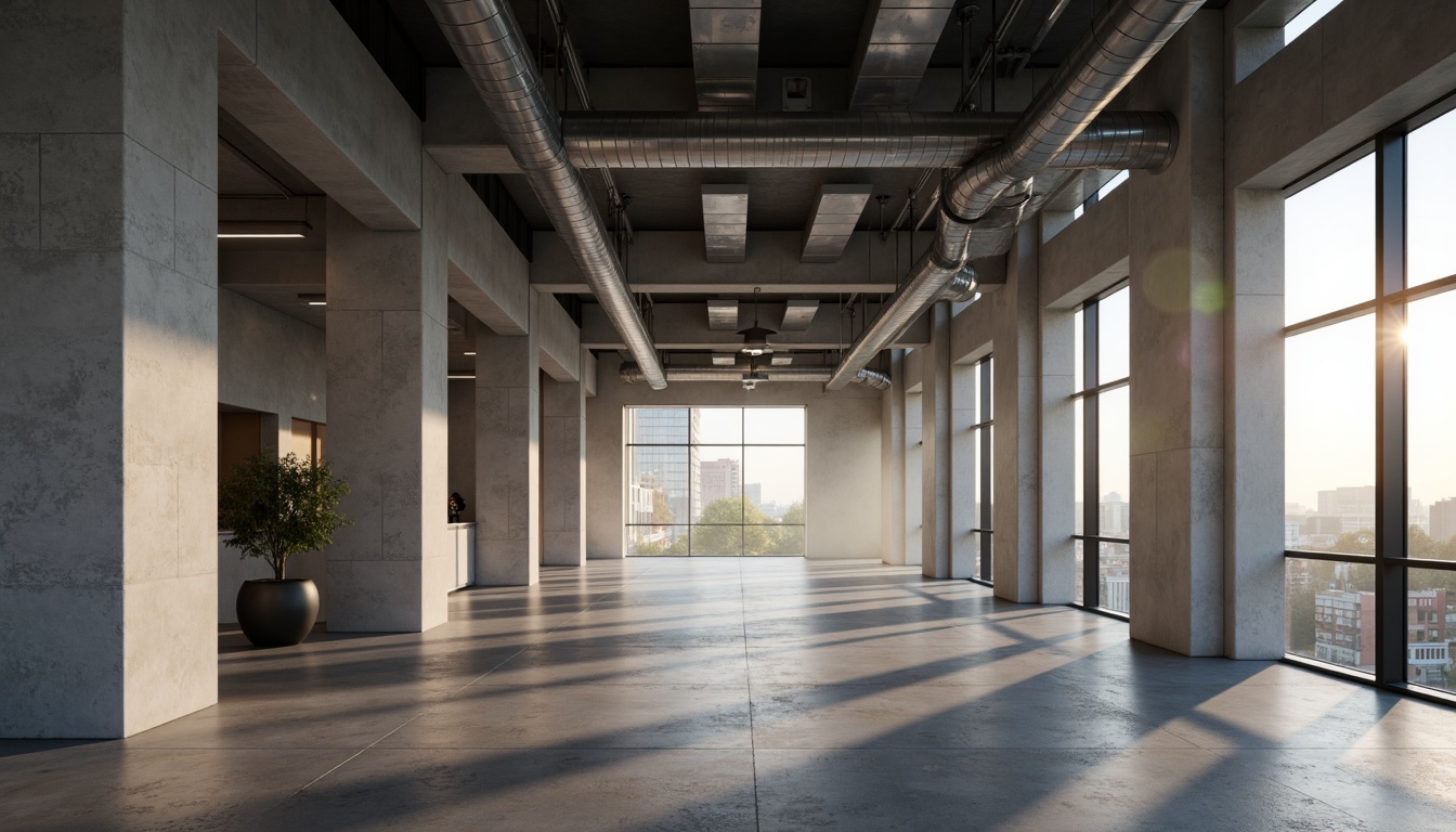 Prompt: Minimalist building facade, clean lines, monochromatic color scheme, industrial materials, exposed ductwork, polished concrete floors, floor-to-ceiling windows, natural light pouring in, soft warm glow, subtle shadows, recessed lighting fixtures, hidden LED strips, ambient illumination, 1/1 composition, shallow depth of field, realistic textures, soft focus, morning sunlight, urban cityscape.