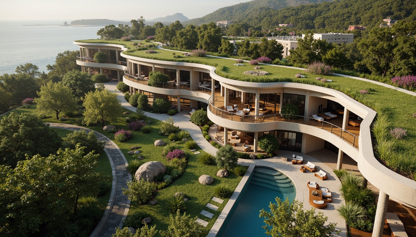 Prompt: Harmonious building integration, lush green roofs, verdant walls, natural stone facades, curved lines, organic shapes, seamless transitions, outdoor living spaces, infinity pools, water features, walking trails, native plant species, bird's eye view, 1/1 composition, soft warm lighting, shallow depth of field, realistic textures, ambient occlusion.