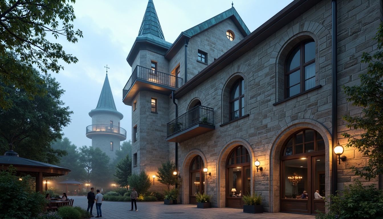 Prompt: Majestic watchtower, medieval-inspired facade, stone walls, Gothic arches, grandiose entrance, ornate carvings, intricate stonework, weathered copper roofs, mystical lanterns, misty morning atmosphere, soft warm lighting, shallow depth of field, 3/4 composition, panoramic view, realistic textures, ambient occlusion.