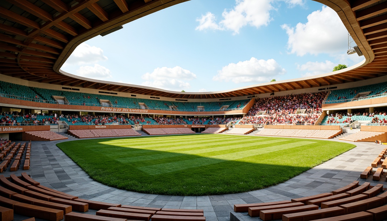 Prompt: Curved organic stadium design, lush green grass, natural stone seating areas, wooden benches, vibrant team colors, dynamic crowd atmosphere, sunny day, soft warm lighting, shallow depth of field, 3/4 composition, panoramic view, realistic textures, ambient occlusion, tiered seating arrangement, comfortable spectator experience, accessible concession stands, modern amenities, eco-friendly materials, innovative ventilation systems, shaded outdoor spaces.