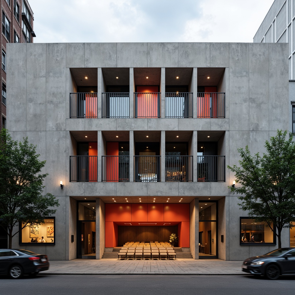 Prompt: Geometric auditorium facade, asymmetrical composition, rectangular windows, industrial metal frames, raw concrete walls, minimalist ornamentation, functionalist design, bold color accents, dramatic lighting effects, high ceilings, open floor plan, flexible seating arrangements, acoustic panels, wooden flooring, brutalist architecture, urban cityscape, cloudy day, softbox lighting, 1/2 composition, realistic materials, ambient occlusion.