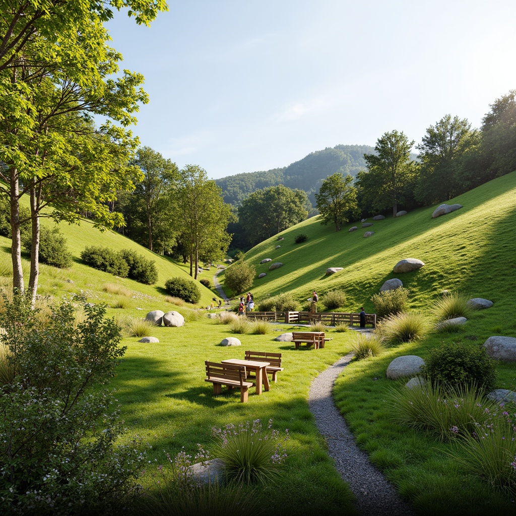 Prompt: Rolling hills, lush green grass, wildflowers, meandering pathways, rustic wooden fences, natural stone benches, serene atmosphere, warm sunlight, soft breeze, gentle slopes, native plant species, organic mulch, decorative boulders, meadow-inspired design, asymmetrical composition, shallow depth of field, 1/2 camera angle, realistic textures, ambient occlusion.