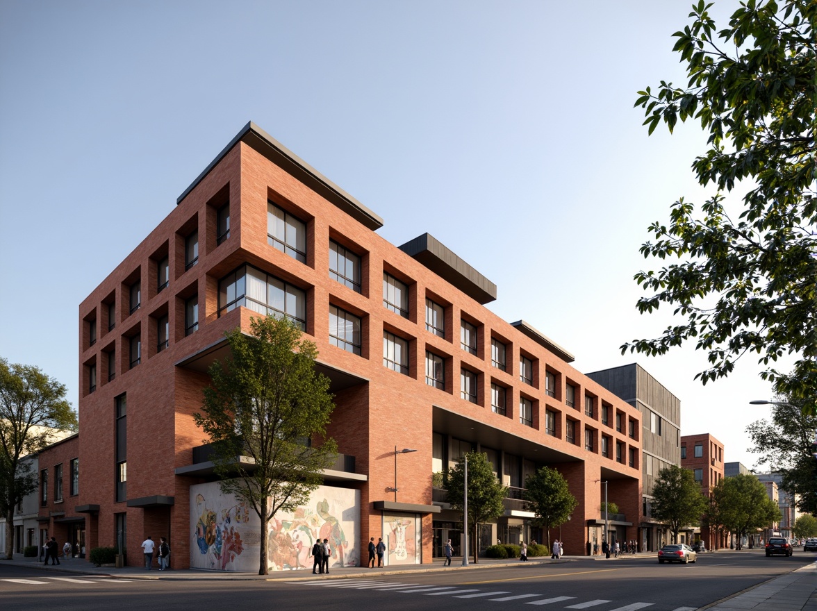 Prompt: Brick community center, structuralist facade, bold geometric patterns, angular lines, minimalist design, large windows, metal frames, cantilevered roofs, open-air courtyard, vibrant public art installations, urban landscape, bustling streets, morning sunlight, soft warm lighting, shallow depth of field, 3/4 composition, realistic textures, ambient occlusion.