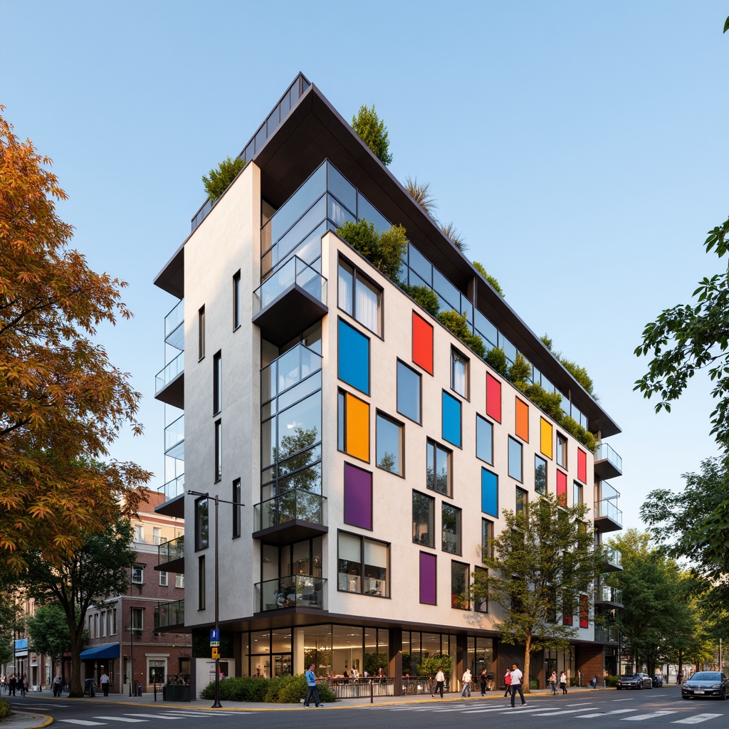 Prompt: Modern international school facade, clean lines, minimal ornamentation, rectangular forms, large glass windows, metal frames, cantilevered roofs, open balconies, vibrant colorful accents, educational signage, flagpoles, entrance canopies, wheelchair ramps, accessible entrances, natural stone cladding, brickwork details, sleek aluminum louvers, solar shading devices, energy-efficient systems, green roofs, urban cityscape background, busy streets, pedestrian traffic, sunny day, soft warm lighting, shallow depth of field, 3/4 composition, realistic textures, ambient occlusion.