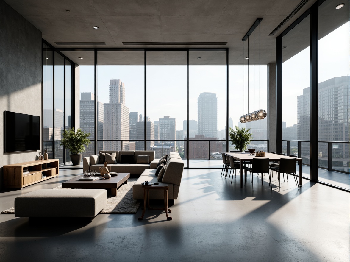 Prompt: Open-plan living space, minimalist decor, floor-to-ceiling windows, sliding glass doors, sleek metal frames, polished concrete floors, industrial-chic lighting fixtures, geometric-shaped furniture, functional simplicity, abundant natural light, airy atmosphere, urban cityscape views, modern skyscrapers, busy streets, cosmopolitan vibe, 1/1 composition, high-contrast lighting, sharp lines, rectangular forms, monochromatic color scheme, luxurious textiles, sophisticated ambiance.