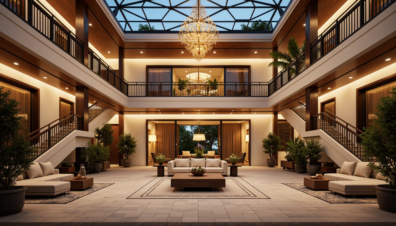 Prompt: Luxurious villa, symmetrical facade, geometric patterns, ornate metalwork, lavish decorations, opulent furnishings, grand entrance, sweeping staircases, elegant chandeliers, rich textiles, bold color schemes, metallic accents, sleek lines, minimalist ornamentation, refined proportions, balanced composition, central axis, radial symmetry, 1/1 aspect ratio, low-angle shot, warm golden lighting, soft focus, subtle shadows.