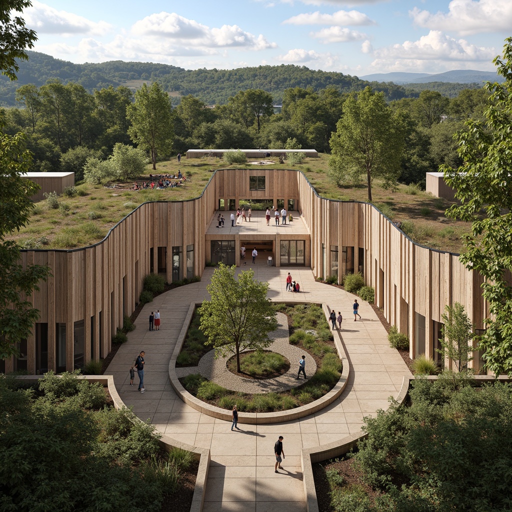 Prompt: Panoramic visitor center, harmonious landscape integration, natural stone walls, wooden accents, green roofs, native plant species, meandering walkways, scenic overlooks, educational signage, interactive exhibits, floor-to-ceiling windows, abundant natural light, warm earthy tones, organic architecture, curved lines, minimalist decor, rustic textures, ambient soundscape, shallow depth of field, 1/1 composition, realistic rendering.