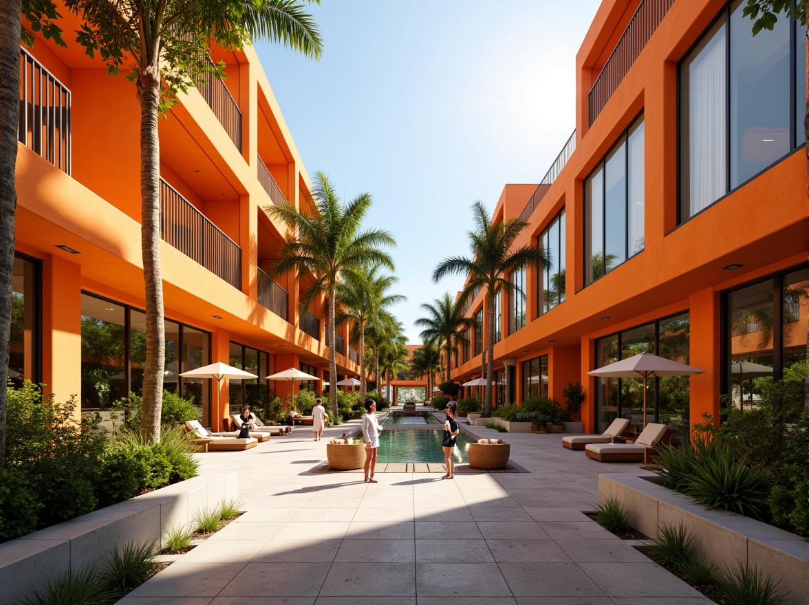 Prompt: Vibrant tangerine hues, warm orange tones, inviting citrus accents, modern minimalist architecture, sleek glass facades, angular metal lines, bold geometric patterns, natural stone textures, lush greenery, tropical plants, sunny day, soft warm lighting, shallow depth of field, 3/4 composition, panoramic view, realistic renderings, ambient occlusion.