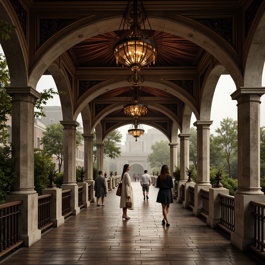 Prompt: Ornate Baroque bridge, rustic stone arches, intricately carved balustrades, polished bronze railings, ornamental lanterns, weathered copper roofing, distressed wooden decking, rich velvet draping, gilded accents, lavish crystal chandeliers, soft warm lighting, misty atmospheric effects, shallow depth of field, 1/2 composition, cinematic view, realistic textures, ambient occlusion.