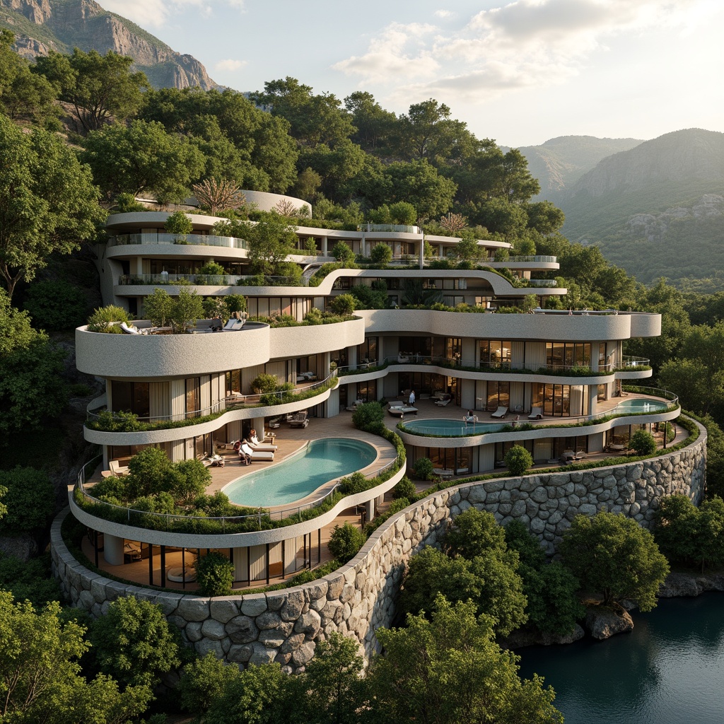 Prompt: Harmonious building integration, lush green roofs, verdant walls, natural stone facades, curved lines, organic shapes, seamless transitions, outdoor living spaces, infinity pools, water features, walking trails, native plant species, bird's eye view, 1/1 composition, soft warm lighting, shallow depth of field, realistic textures, ambient occlusion.