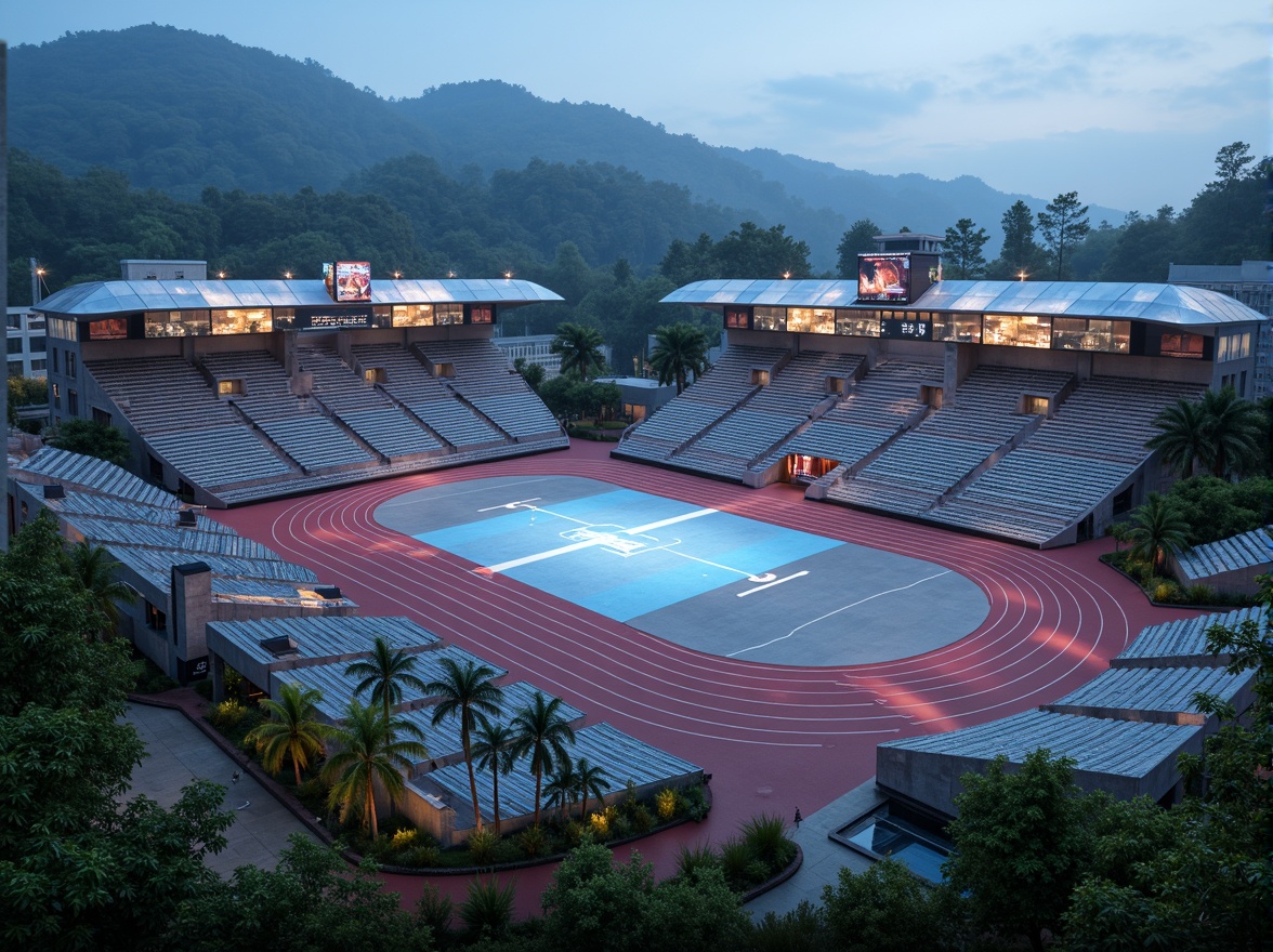 Prompt: Futuristic sports complex, undulating terrain, neon-lit athletic tracks, sleek metallic bleachers, holographic scoreboards, iridescent stadium roofs, glowing accents, vibrant LED lighting, misty atmospheric effects, shallow depth of field, 3/4 composition, panoramic view, realistic textures, ambient occlusion, lush greenery, tropical plants, palm trees, sandy pathways, winding water features, futuristic sculptures, abstract geometric patterns, dynamic kinetic architecture, wind-swept curves, aerodynamic lines.