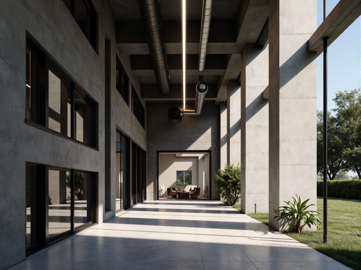 Prompt: Minimalist building facade, clean lines, monochromatic color scheme, industrial materials, exposed ductwork, polished concrete floors, floor-to-ceiling windows, natural light pouring in, soft warm glow, subtle shadows, recessed lighting fixtures, hidden LED strips, ambient illumination, 1/1 composition, shallow depth of field, realistic textures, soft focus, atmospheric perspective.