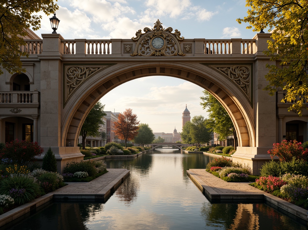 Prompt: Ornate bridge, grandiose arches, intricately carved stone balustrades, gilded accents, ornamental lanterns, majestic river views, serene water reflections, lush greenery, vibrant flowers, natural stone piers, decorative iron railings, sweeping curves, dramatic lighting, warm golden tones, high contrast shadows, 1/2 composition, atmospheric perspective, realistic textures, ambient occlusion.