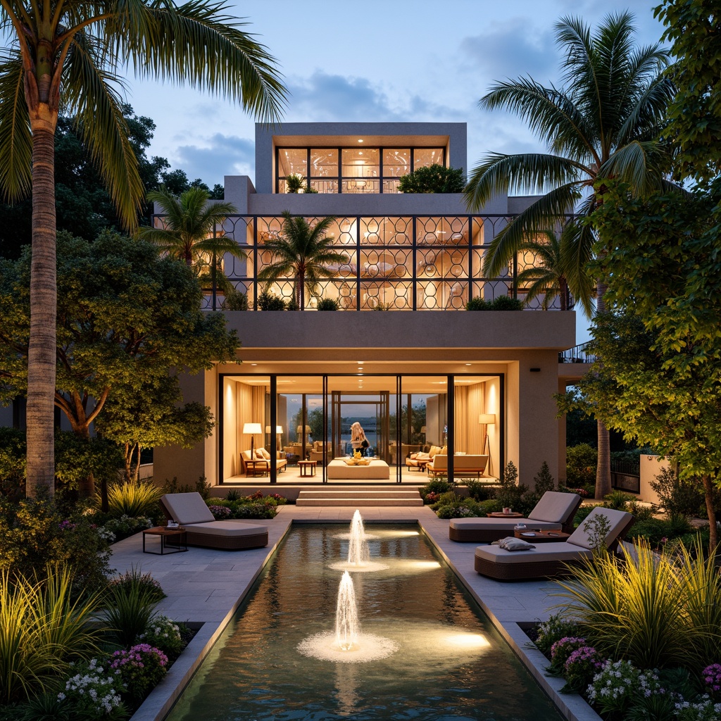 Prompt: Luxurious villa, Art Deco style, ornate metalwork, curved lines, geometric patterns, lavish furnishings, plush outdoor seating, vibrant tropical plants, exotic flowers, tranquil water features, sparkling fountains, warm golden lighting, soft evening ambiance, shallow depth of field, 1/1 composition, symmetrical framing, realistic textures, ambient occlusion.