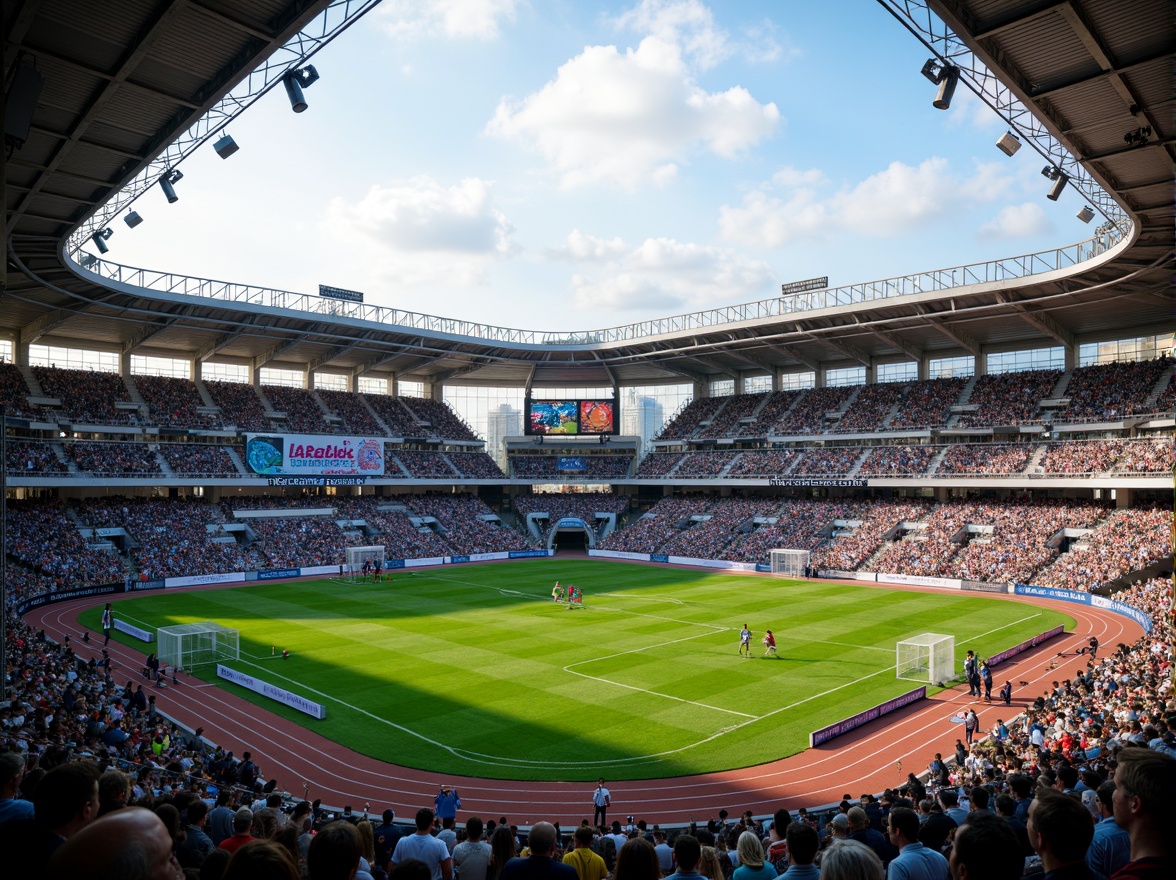 Prompt: Vibrant soccer stadium, open-air seating, lush green grass, athletic tracks, modern architecture, sleek metal beams, transparent roofs, natural ventilation systems, spacious concourses, dynamic lighting effects, evening ambiance, shallow depth of field, 3/4 composition, panoramic view, realistic textures, ambient occlusion, urban cityscape, bustling streets, vibrant street art, eclectic food vendors, lively atmosphere.