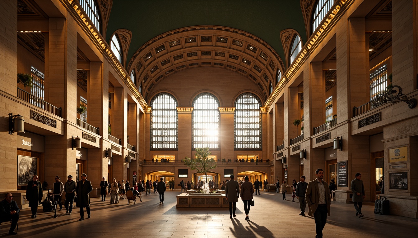 Prompt: Grand archways, ornate columns, vaulted ceilings, intricate stone carvings, warm golden lighting, bustling metro station, Romanesque style architecture, rustic brick walls, grand staircases, elegant balconies, ornamental ironwork, vintage advertisements, classic clock towers, busy pedestrian traffic, shallow depth of field, 1/2 composition, realistic textures, ambient occlusion.