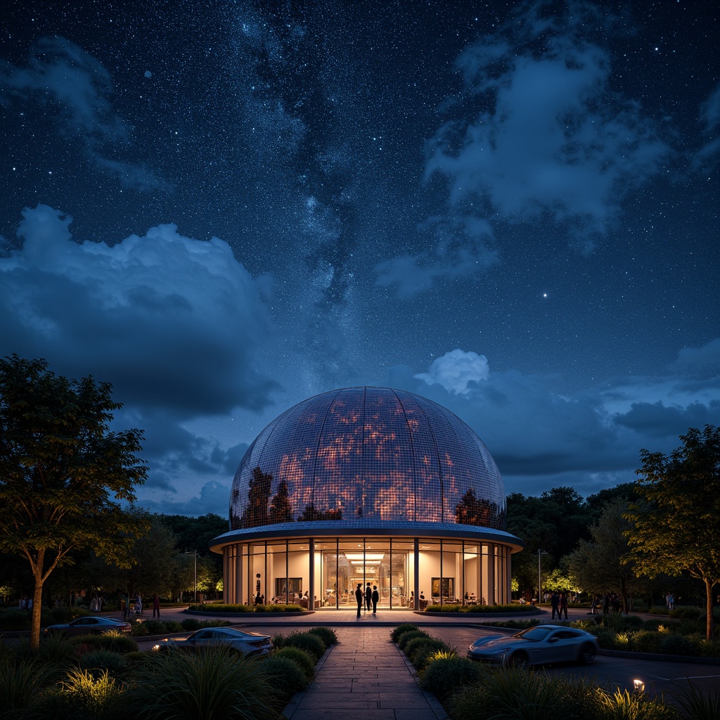 Prompt: Celestial dome, starry night sky, twinkling lights, romantic ambiance, futuristic planetarium, spherical structure, gleaming metallic surface, soft glowing illumination, nebula-inspired patterns, swirling clouds, misty atmosphere, dreamy quality, shallow depth of field, 1/1 composition, panoramic view, realistic textures, ambient occlusion.