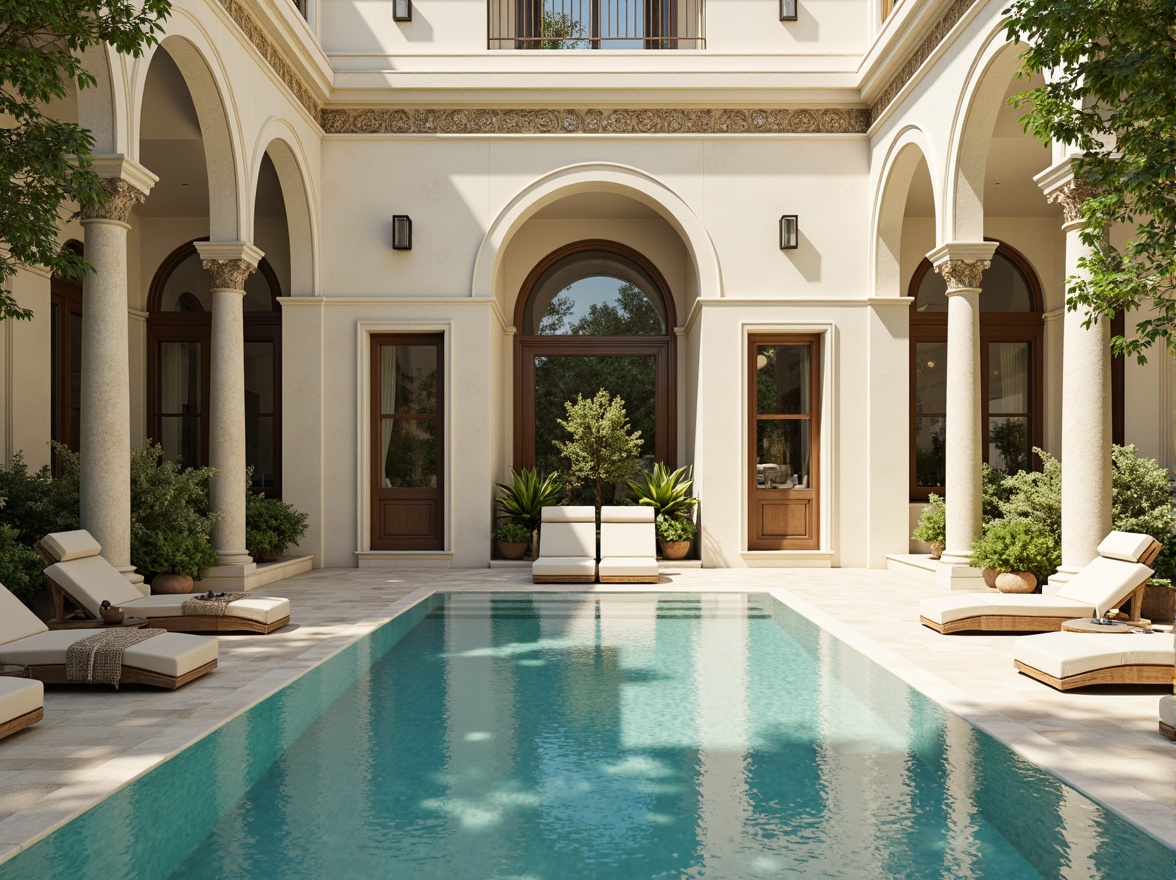 Prompt: Elegant neoclassical swimming pool, soft cream marble, ornate bronze fixtures, turquoise water, subtle gradient shading, warm golden lighting, symmetrical composition, classical columns, intricate moldings, ornamental fountains, lush greenery surroundings, sunny day, shallow depth of field, 1/2 composition, realistic textures, ambient occlusion.