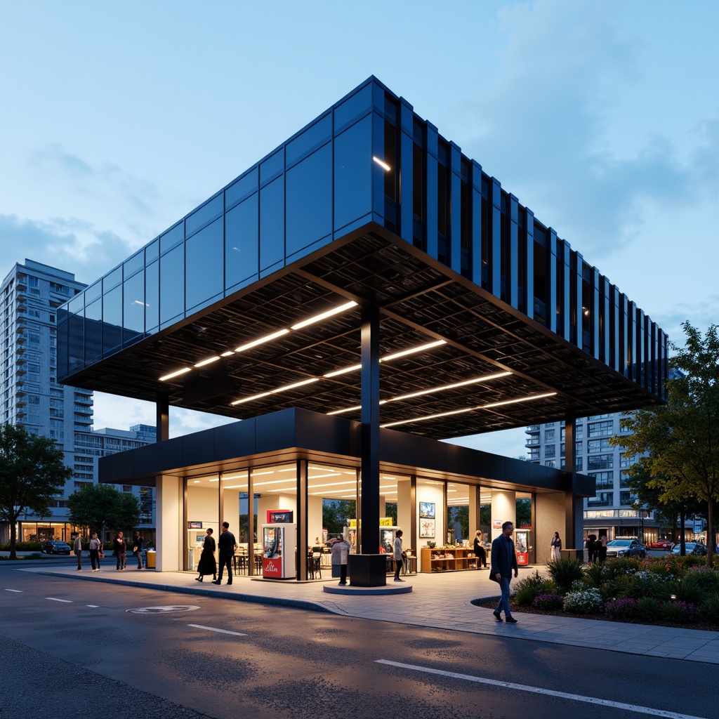 Prompt: Modern gas station, futuristic fusion architecture, sleek metal canopy, LED lighting, angular lines, minimalist design, functional layout, fuel pumps, payment terminals, convenience store, glass fa\u00e7ade, steel beams, industrial materials, urban landscape, busy streets, cityscape, warm evening light, shallow depth of field, 1/1 composition, realistic textures, ambient occlusion.