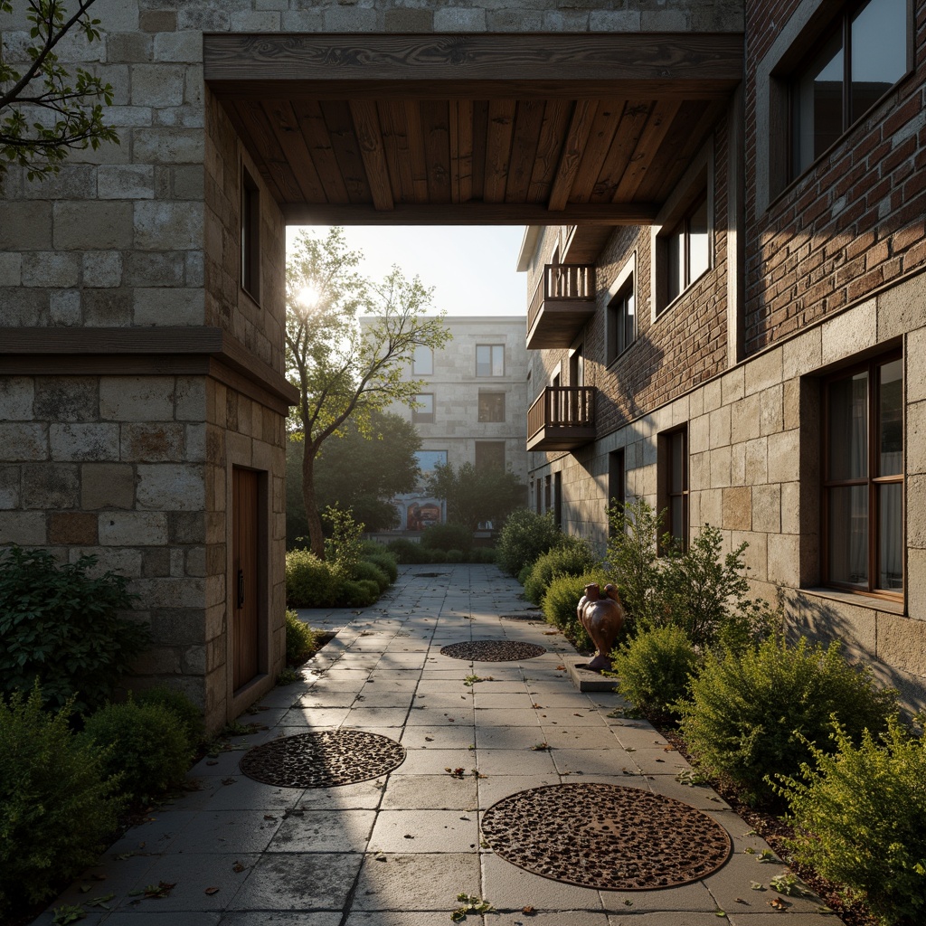 Prompt: Rough stone walls, weathered wooden planks, rusty metal grates, worn concrete floors, peeling paint, faded murals, distressed brick facades, aged copper accents, moss-covered statues, overgrown gardens, misty atmospheric effects, soft warm lighting, shallow depth of field, 3/4 composition, realistic textures, ambient occlusion.