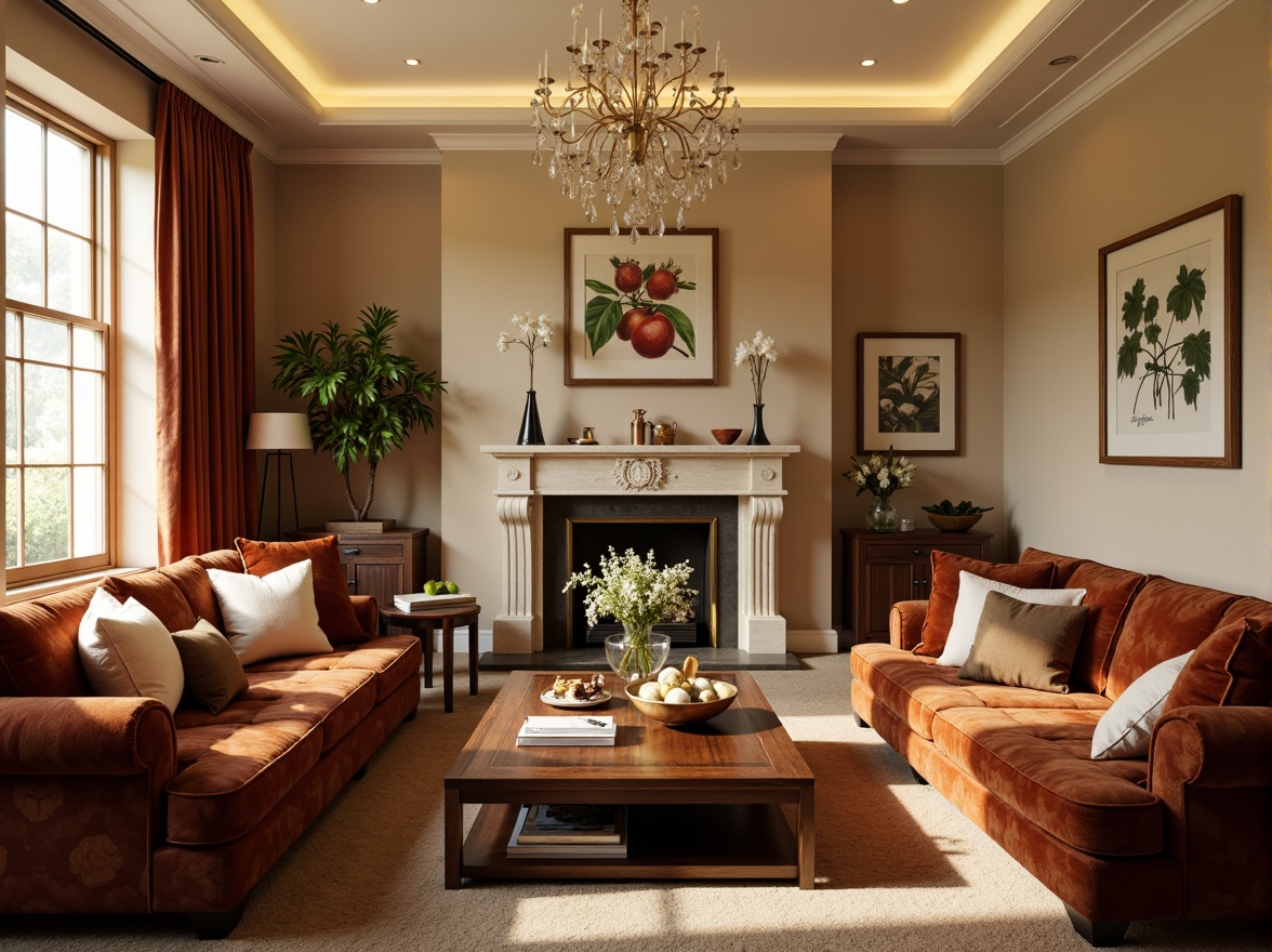 Prompt: Cozy living room, warm beige walls, rich walnut wood furniture, plush velvet sofas, soft golden lighting, natural stone fireplace, earthy terracotta accents, calming botanical prints, creamy white trim, elegant crystal chandeliers, inviting atmosphere, 1/1 composition, shallow depth of field, realistic textures, ambient occlusion.