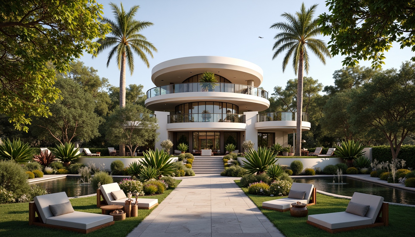 Prompt: Luxurious villa, Art Deco style, ornate facades, curved lines, geometric patterns, lavish gardens, lush greenery, vibrant flowers, tranquil ponds, walking paths, decorative fountains, elegant outdoor furniture, plush cushions, metallic accents, warm lighting, soft shadows, 1/1 composition, symmetrical framing, cinematic atmosphere, realistic textures, ambient occlusion.